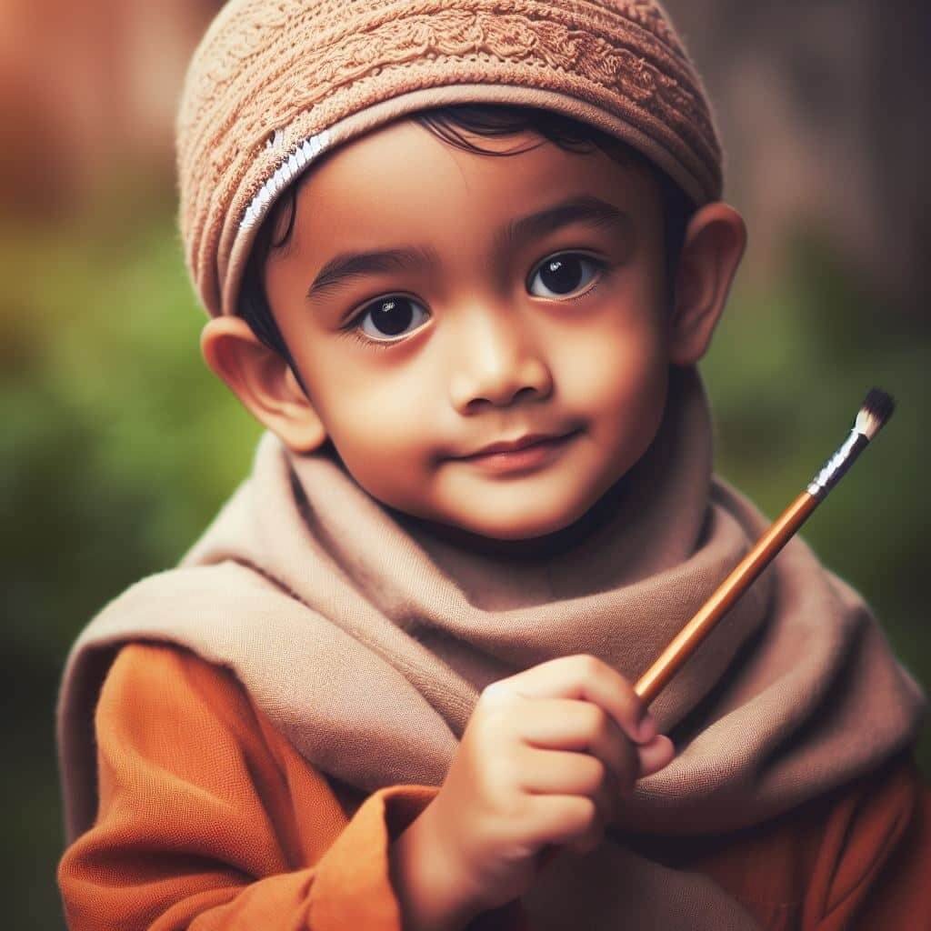 A young Muslim child wearing a traditional cap, holding a paintbrush with a gentle smile. Perfect representation of Islamic education, creativity, and young learners at Al-Tahoor Quran Institute. Join our online Quran classes for kids and beginners