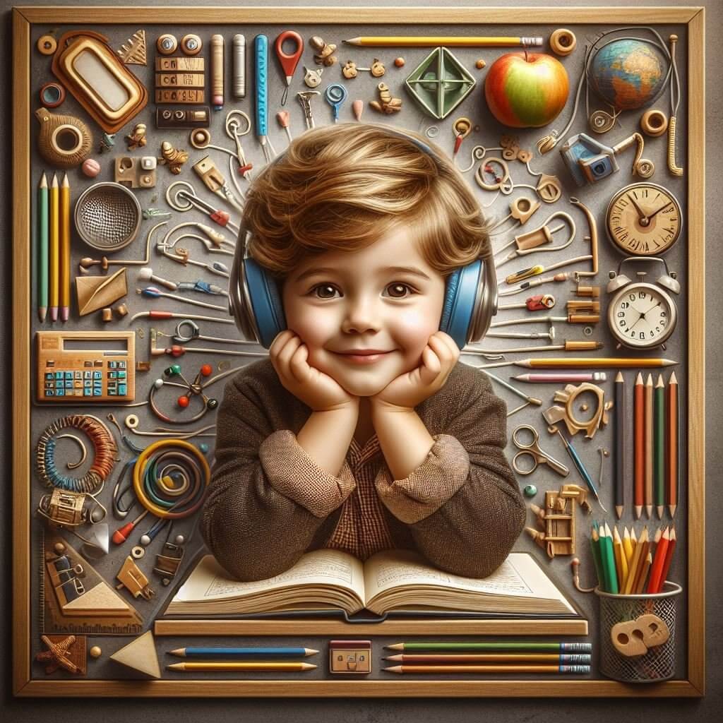 A young Muslim child wearing headphones, smiling while reading an open book, surrounded by educational tools. This image symbolizes creative learning and Quranic education at Al-Tahoor Quran Institute. Enroll in our online Quran classes for kids and beginners.