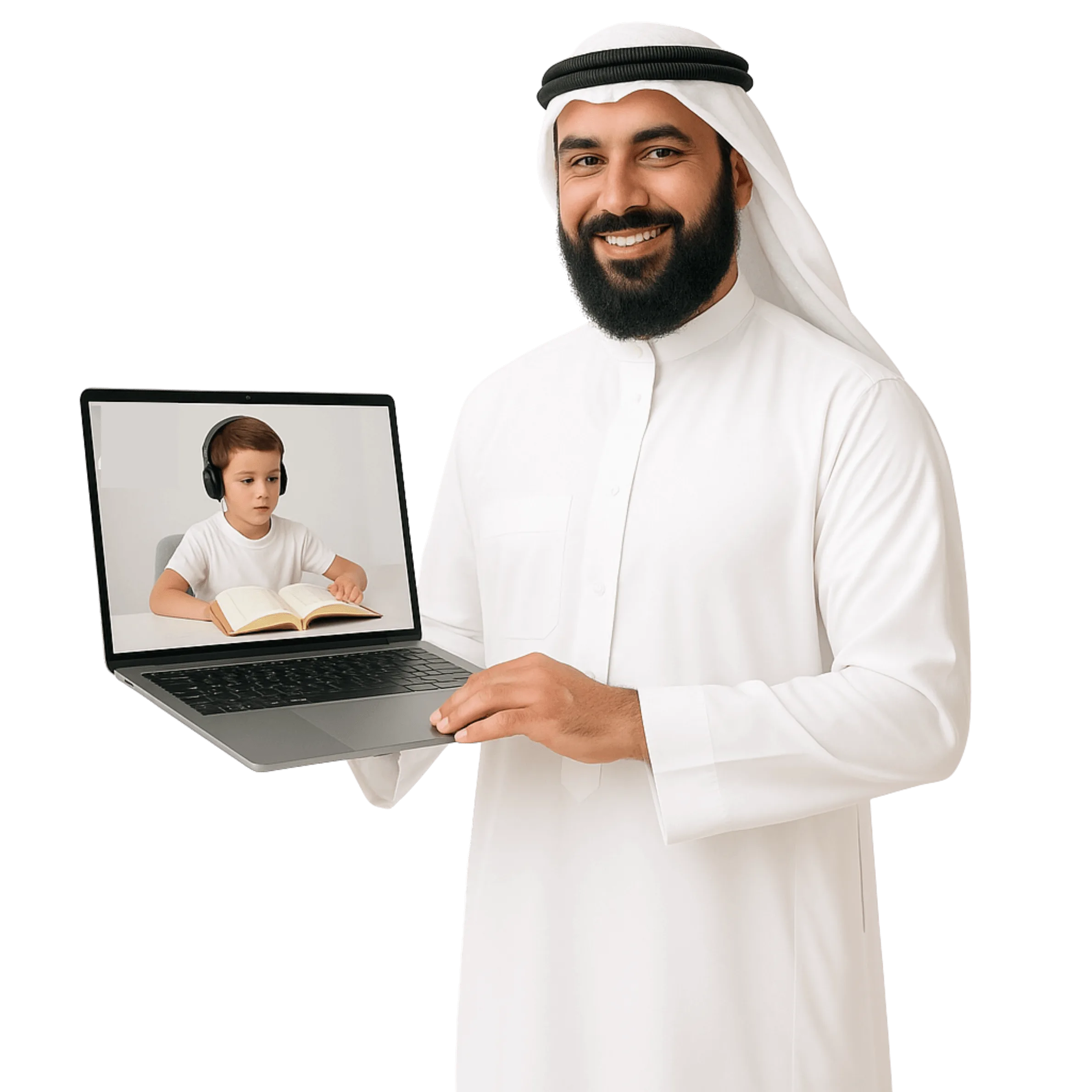 Home 1 A arabic man holding laptop in which a kid taking online quran classes.