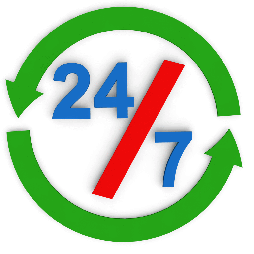 Home 6 3D icon showing 24/7 in blue with a red slash and a green looping arrow around the numbers