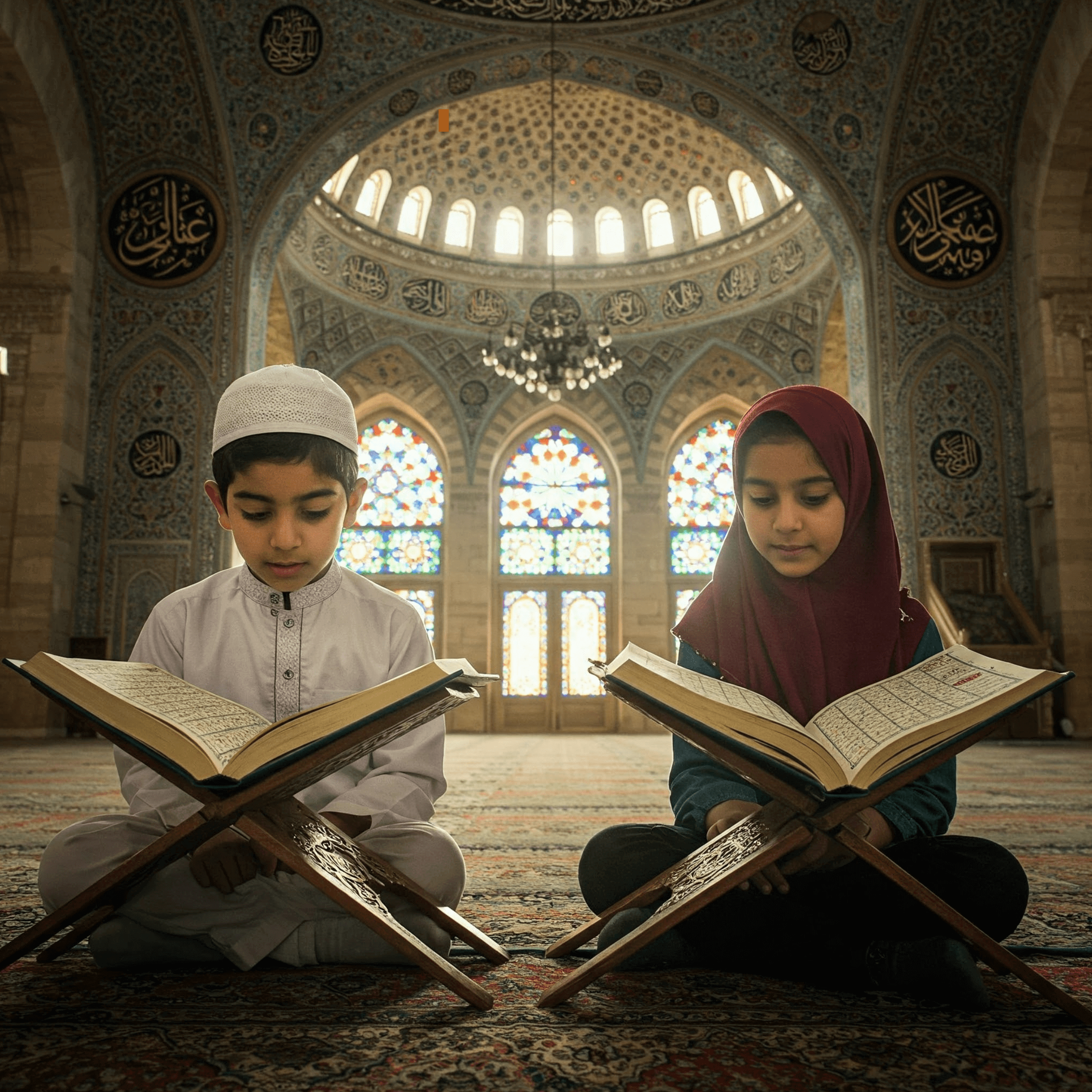 Home 6 A young boy and a young girl sit on a prayer rug inside a mosque, reading open Qurans from wooden book stands. The mosque's beautiful dome and arched windows are in the background.