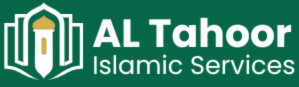 The horizontal version of the AL Tahoor Islamic Services logo. It features a stylized mosque and an open book icon to the left of the company name, which is written in white on a dark green background.
