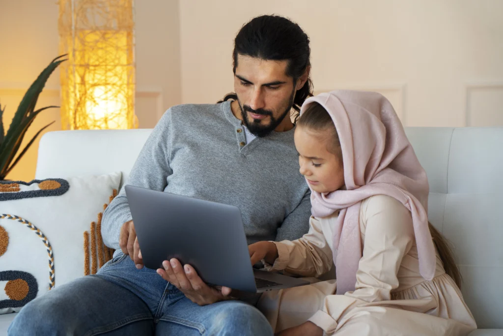 Online Quran Memorization Course 3 girl father home medium shot min