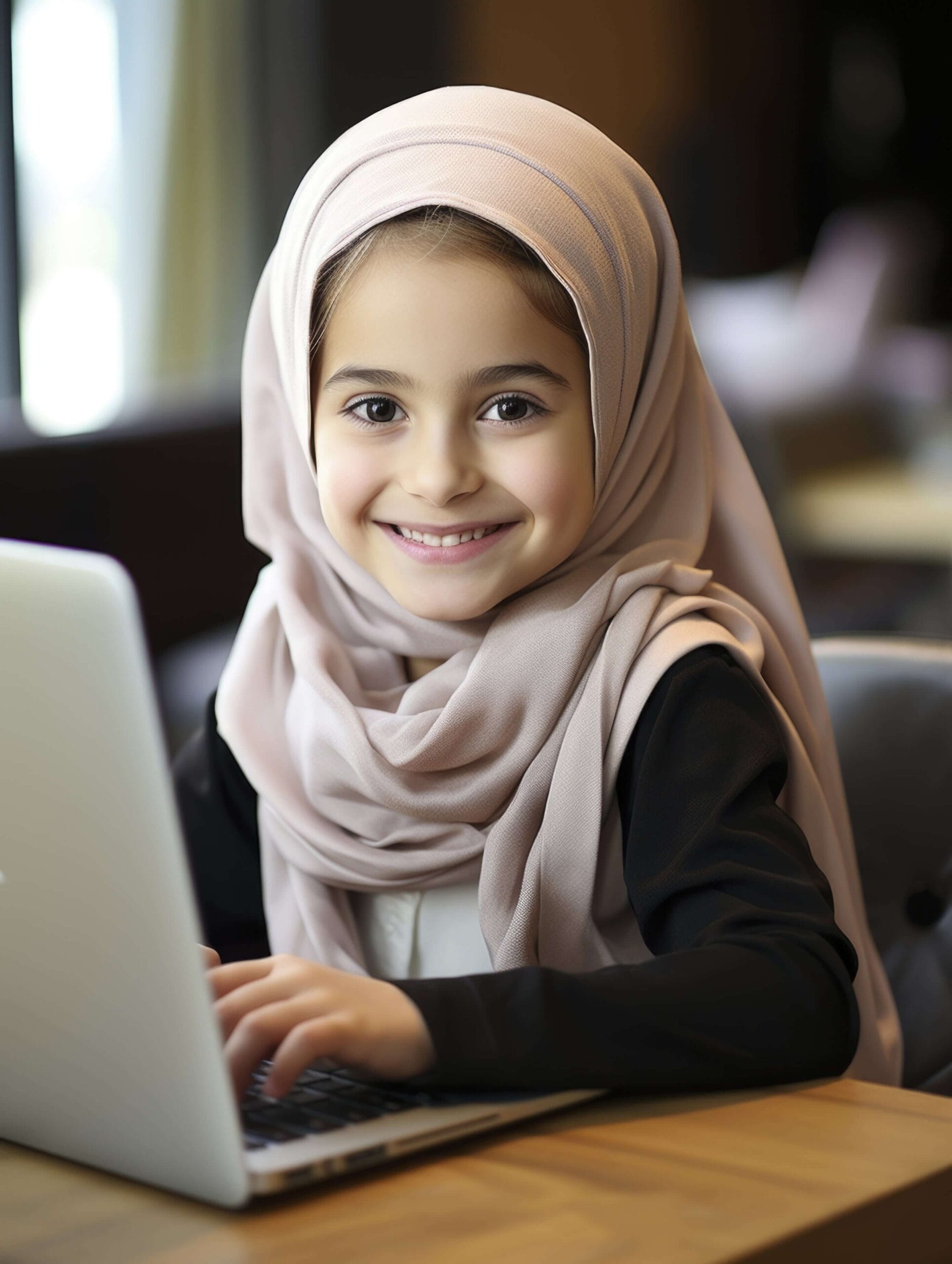 Young Muslim girl in pink hijab smiling while typing on a laptop at a wooden table
