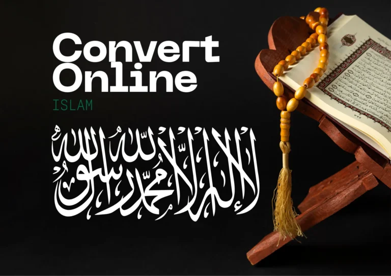 How to Convert to Islam Online 3 A wooden stand holds an open Quran with Arabic script. Beside it, a string of amber-colored prayer beads hangs. White text on the black background says "Convert Online" and "Islam," with the Islamic creed Shahada written in large Arabic calligraphy below.