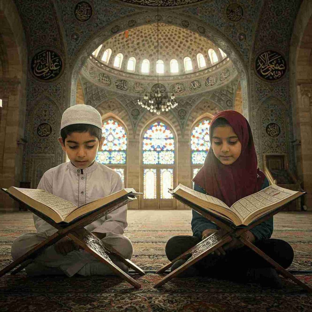A young boy and a young girl sit on a prayer rug inside a mosque, reading open Qurans from wooden book stands. The mosque's beautiful dome and arched windows are in the background.