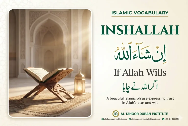 Islamic vocabulary poster showing the meaning of Inshallah with Quran, Arabic calligraphy, English translation, and Urdu translation