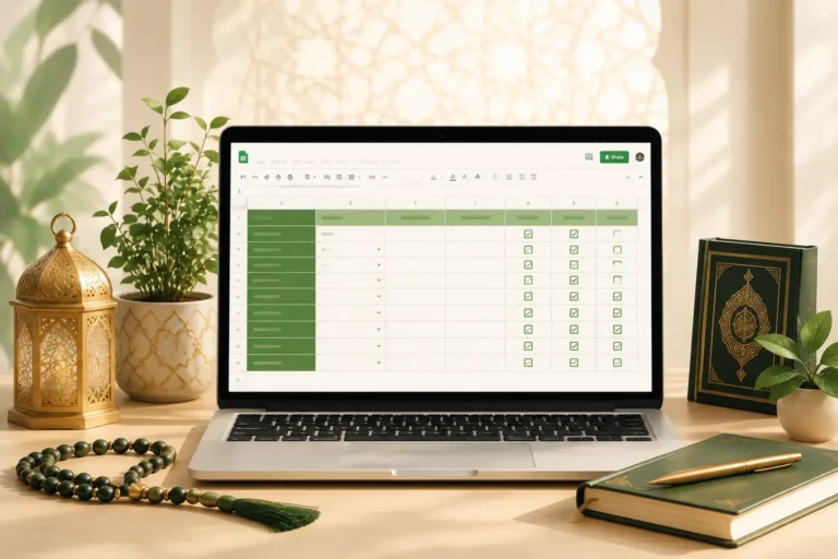 Laptop displaying a digital habit tracker surrounded by Islamic elements including prayer beads, Quran, and plants