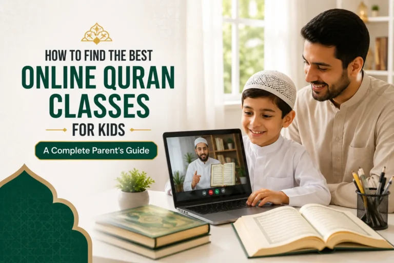 Parent helping child attend an online Quran class with a teacher on a laptop