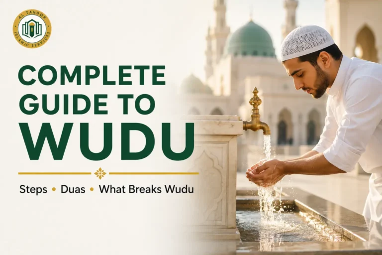 Muslim man performing wudu at a mosque ablution area with flowing water, illustrating the complete guide to wudu steps, duas, and what breaks wudu.