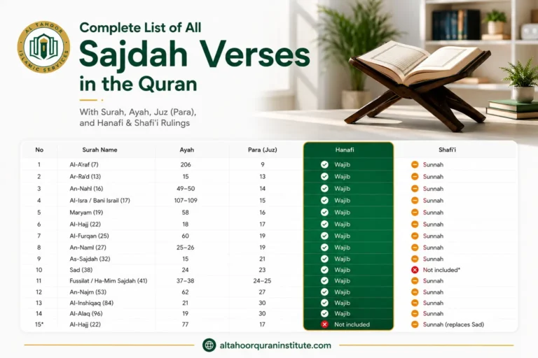 Comparison table listing all Sajdah verses in the Quran with Surah names, ayah numbers, para (juz), and Hanafi and Shafi'i rulings.