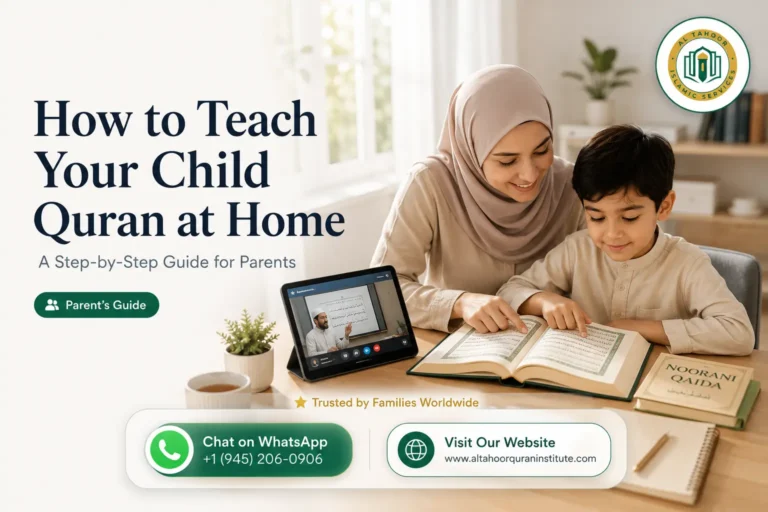 A Muslim mother teaching her child to read the Quran at home in a modern, peaceful learning environment with guidance from Al Tahoor Quran Institute.